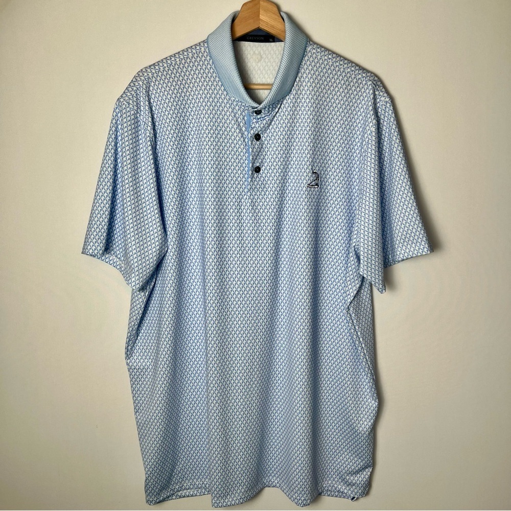 Greyson Performance Luxury Polo Shirt Men XL Blue White Geo Print Golf Stretch